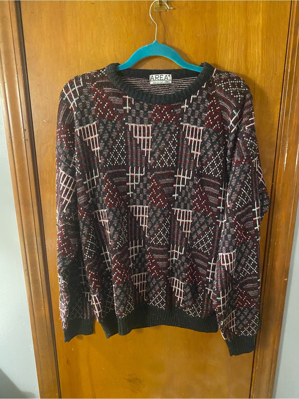 AREA Men's Burgundy Patterned Knit Sweater made in USA